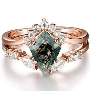 14k Rose Gold Vintage Kite Moss Agate Diamond Engagement Wedding Rings